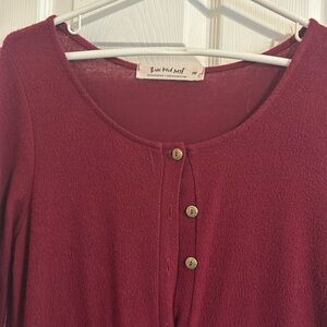 Three Bird Nest burgundy wide leg fleece jumpsuit.